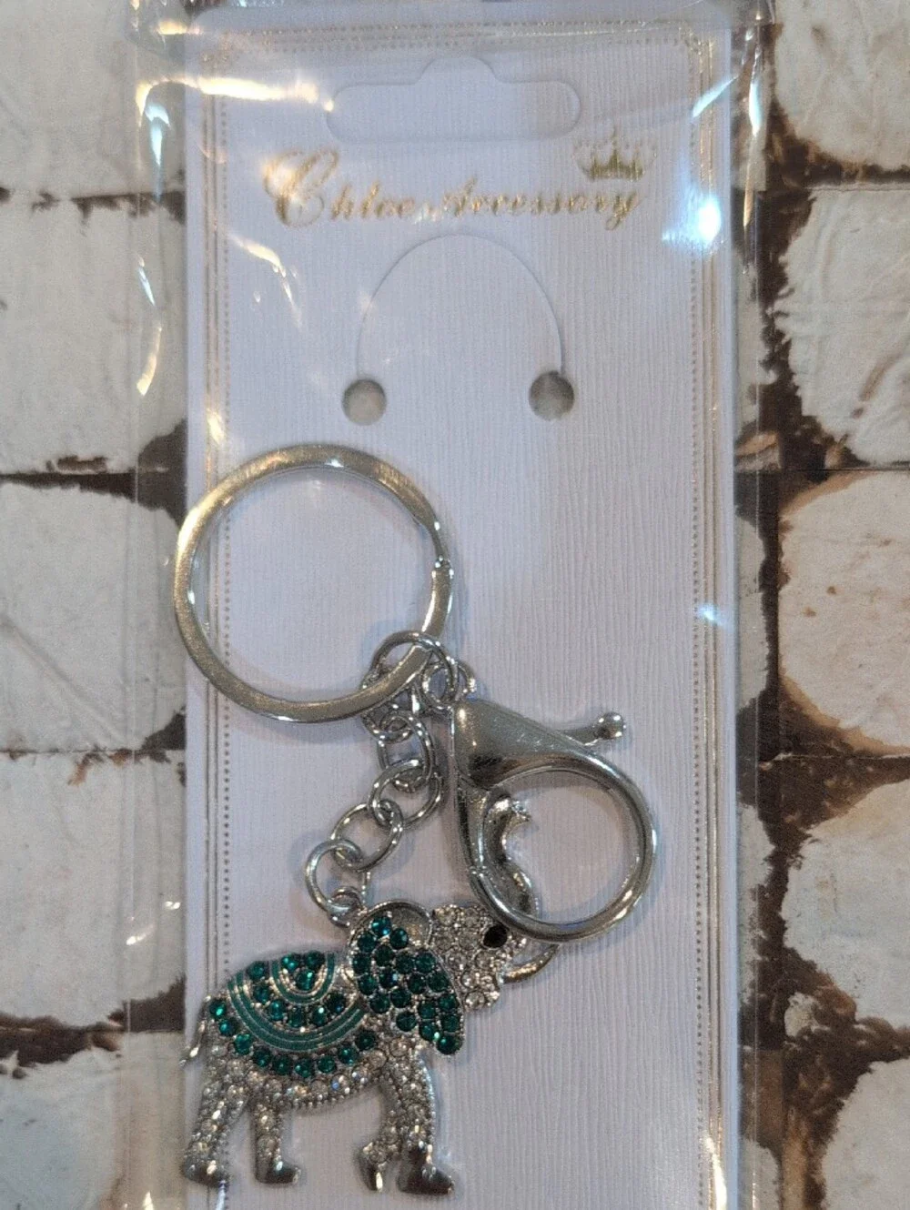 Silver Elephant Keychain with Teal Crystals - Women's Accessory
